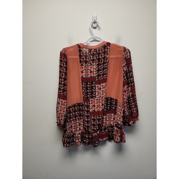 Petticoat Alley Sienna, Red, Brown & Black 3/4 Sleeve Boho Blouse Size Small - Picture 3 of 5